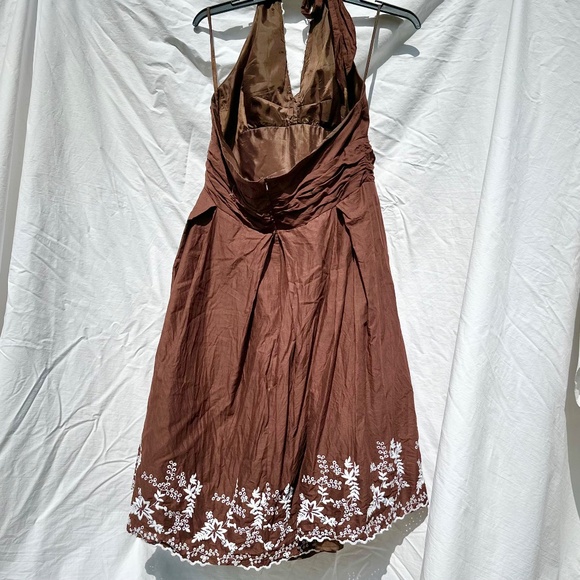 Vintage Brown 100% Cotton Midi Halter Dress w White Eyelet Lace Embroidered - Picture 4 of 5